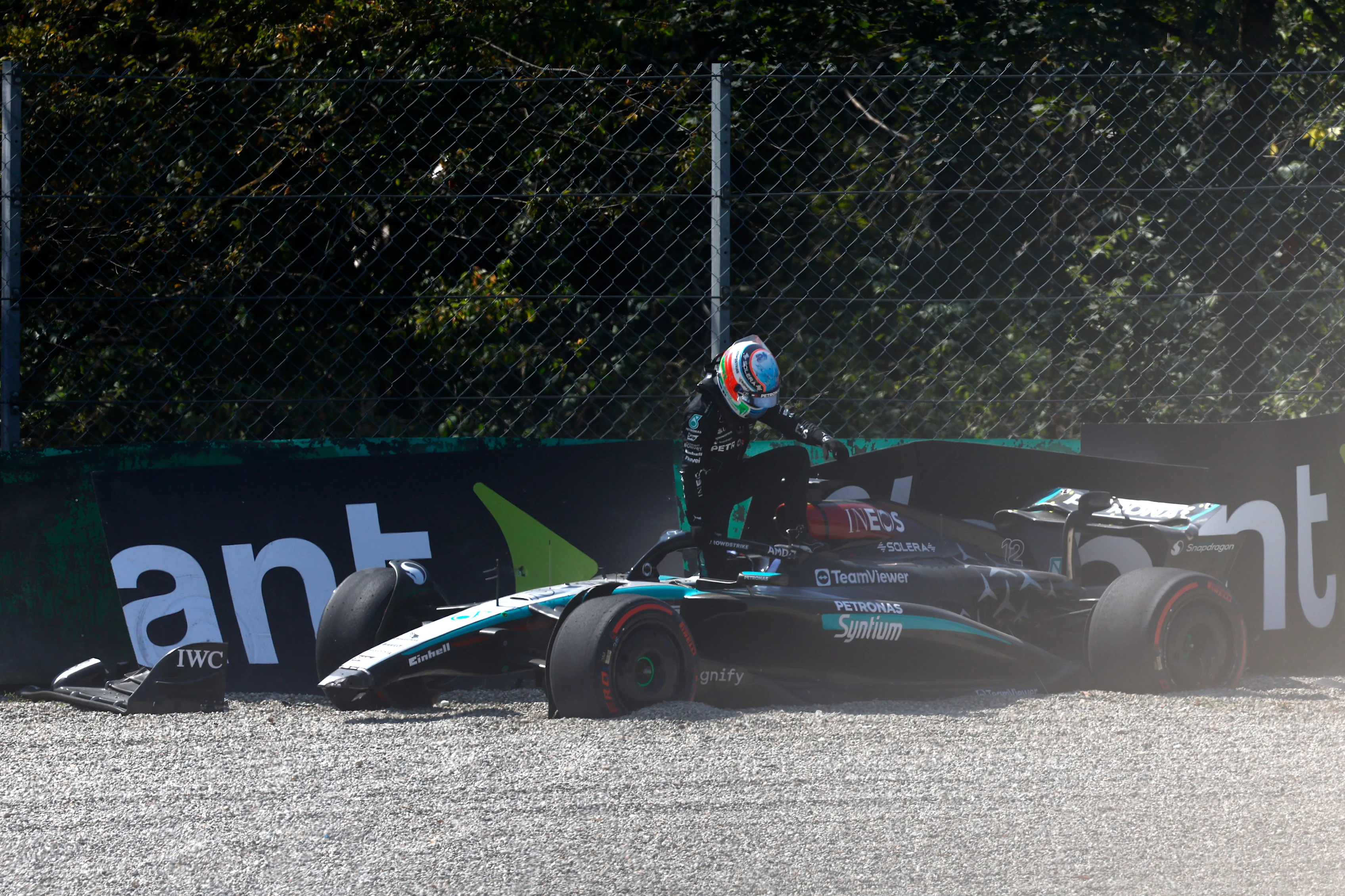 Kimi Antonelli's damaged Mercedes after his 2024 Monza FP1 crash.