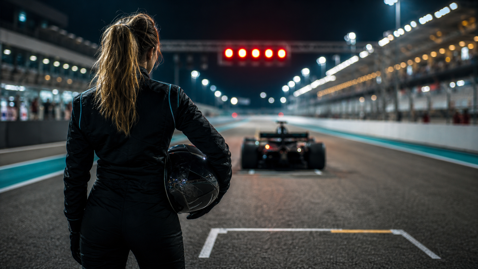 女性車手站在 Grand Prix 起跑格前的情境主視覺