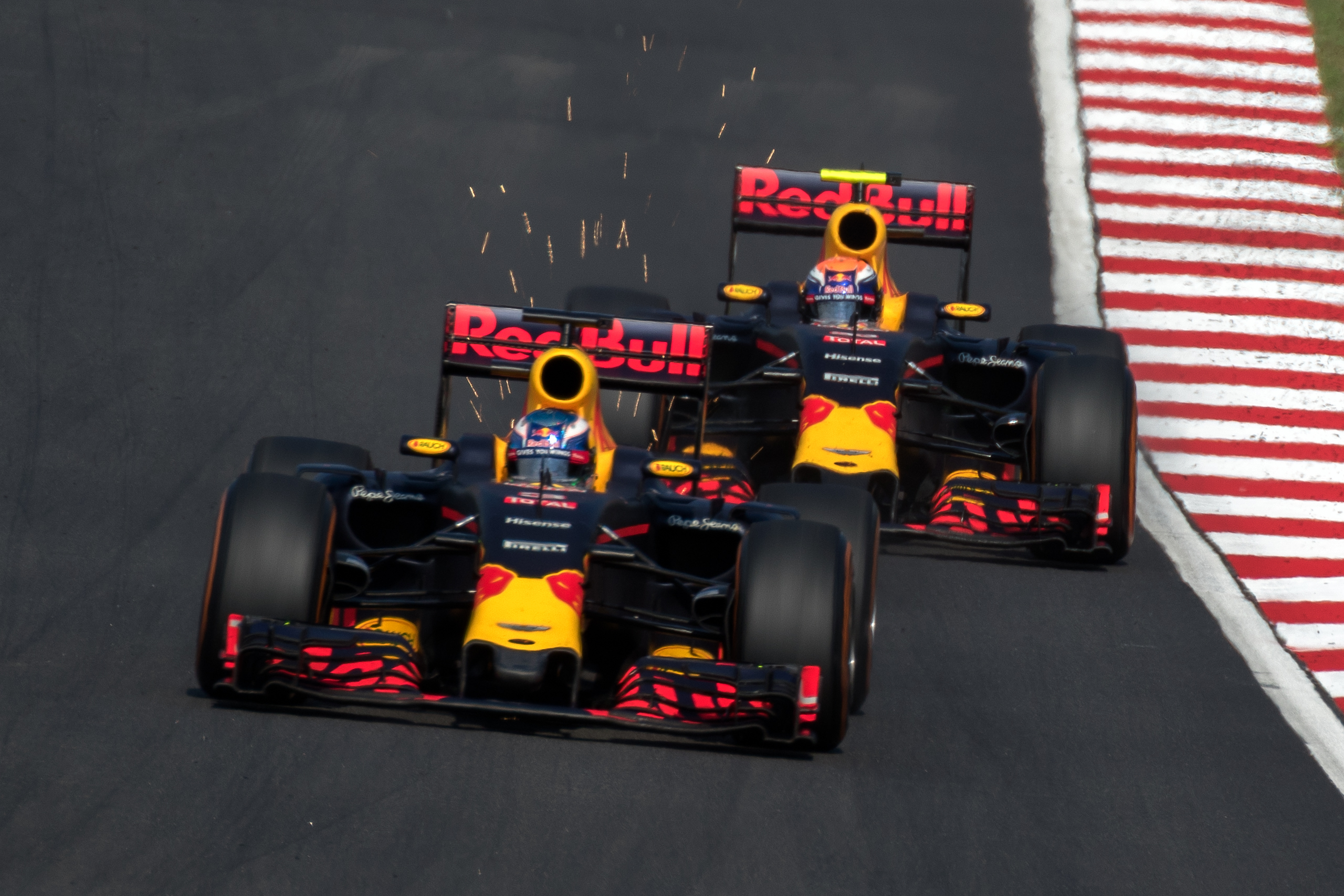 Daniel Ricciardo and Max Verstappen racing for Red Bull in 2016 Malaysia